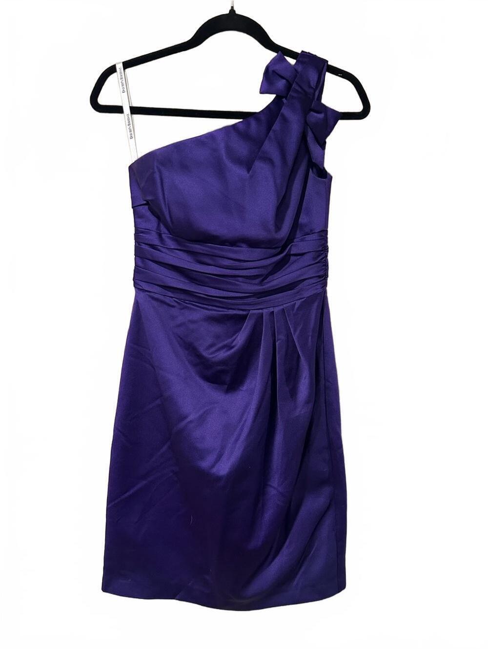 David's Bridal satin One-Shoulder Royal Purple Cocktail Dress with bow